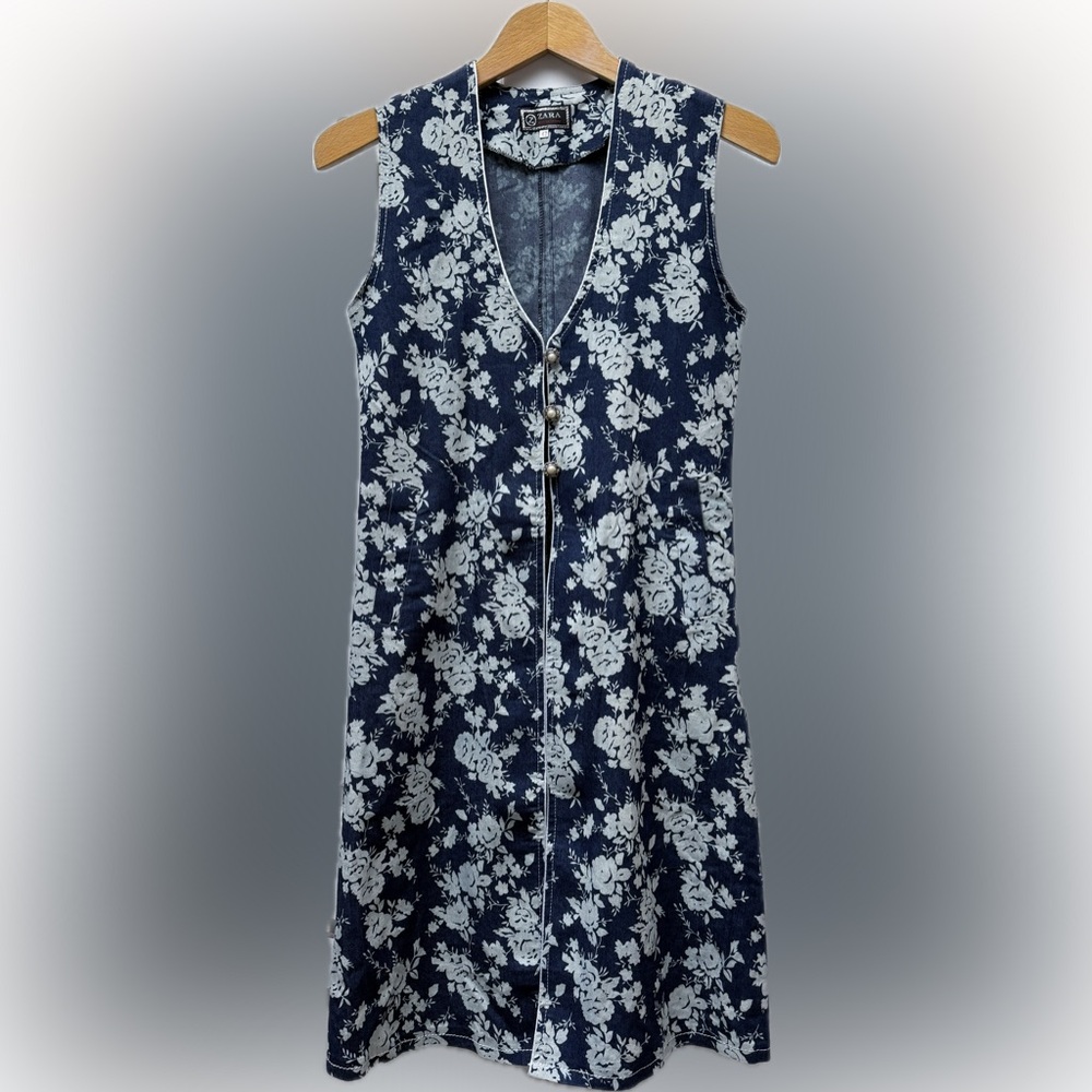 ZARA long fitted denim floral vest